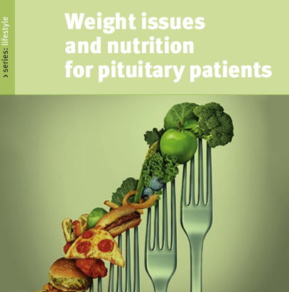 The title page of our 'Weight issues and nutrition for pituitary patients' booklet. A green page with a photo of 3 forks with food attached. The title of the book is in bold white text.