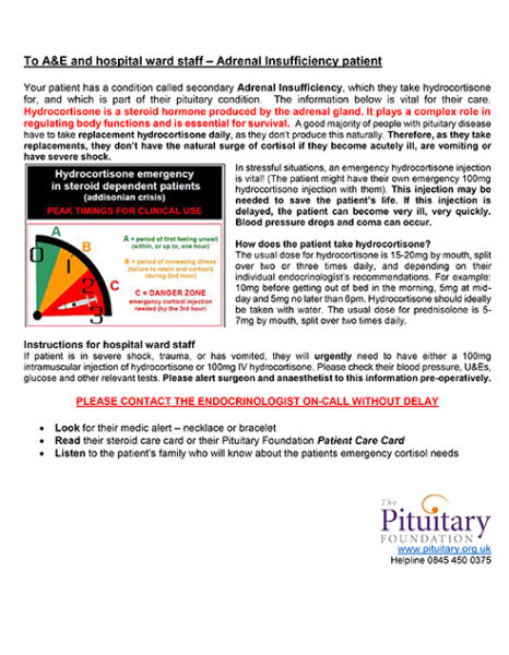 Factsheet to A&E and Hospital staff about Adrenal Insufficiency