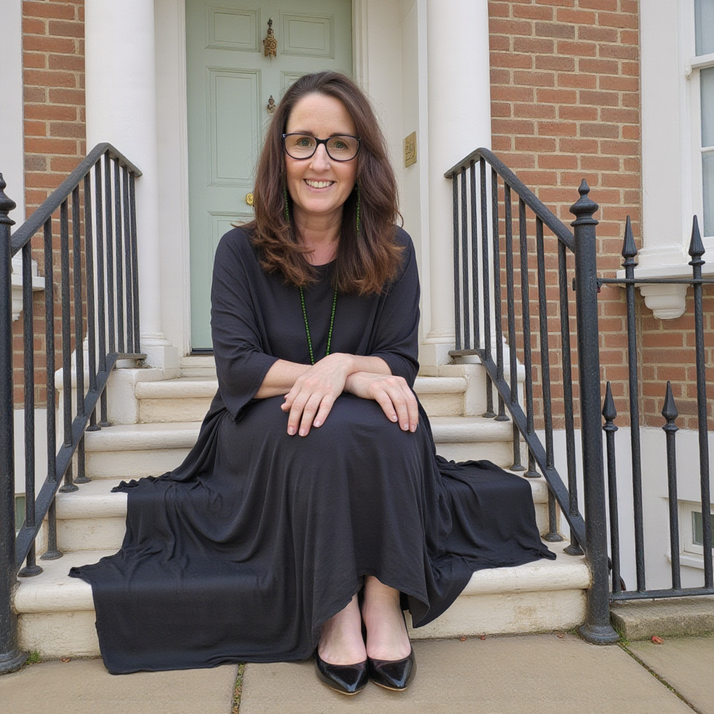 A woman wearing a black dress is sat outside on some steps