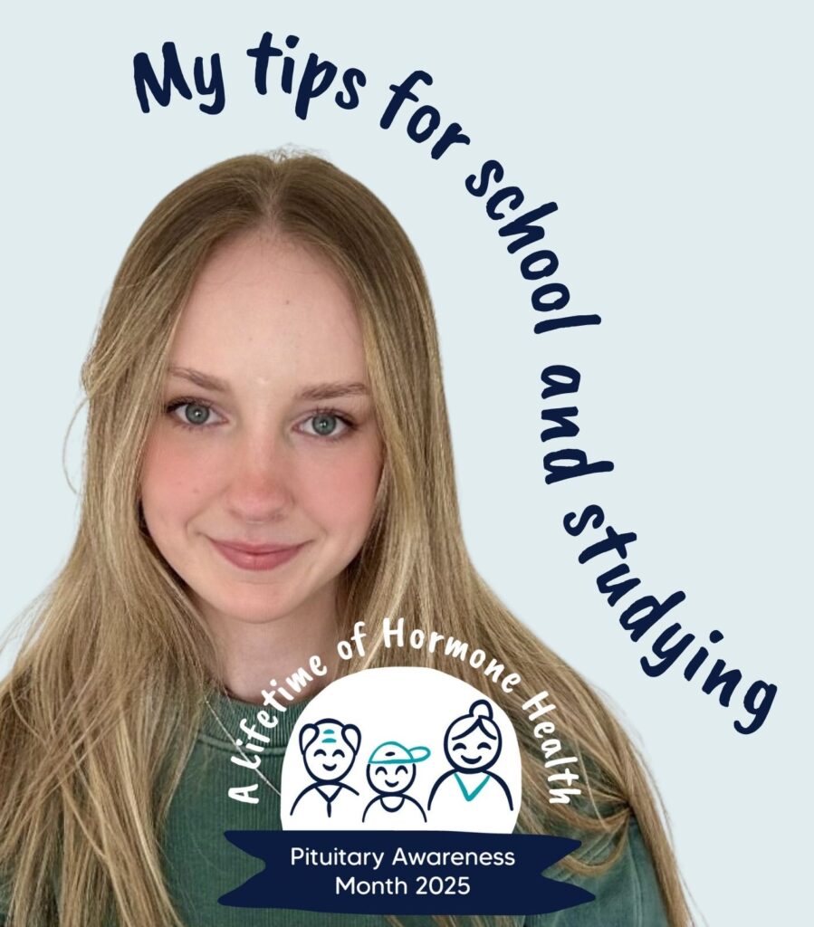 A photo of a young girl with writing around her that says 'My tips for school and studying'