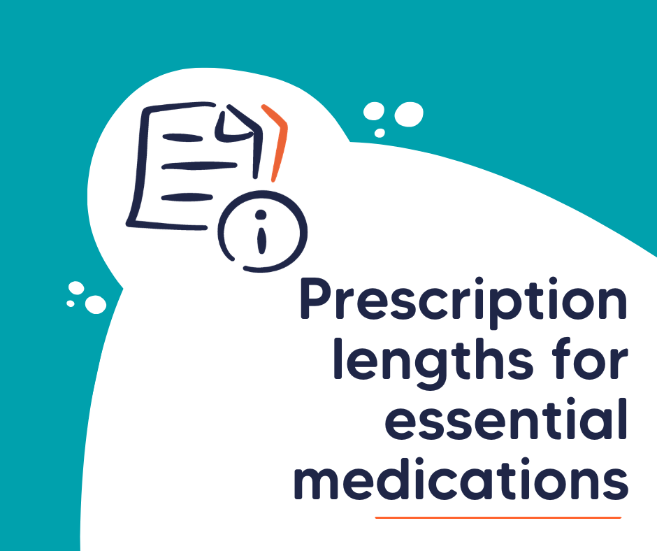 a blue and white graphic with the wording 'prescription lengths for essential medications'