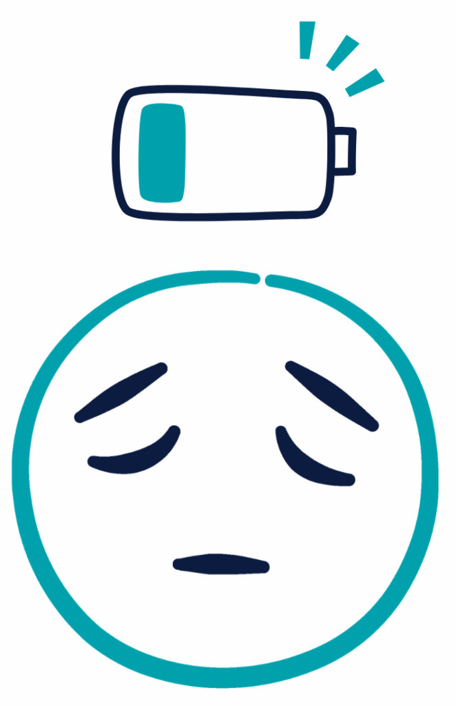 a teal cartoon image of a tired face, with an empty battery above them