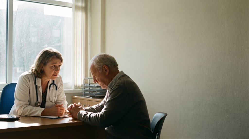 Mature female doctor consults an elderly man in a doctor's office with natural light, representing a serious health discussion concept